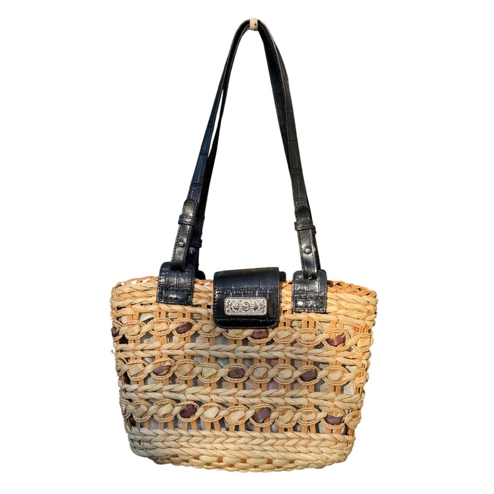 Vintage Boho Beach Woven Straw Bag Croc Trim Tropical Lining Trendy Rare Find